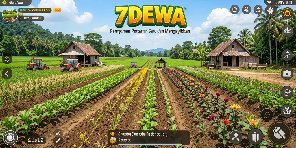 Tampilan gameplay <strong>7DEWA</strong> dengan aktivitas bertani yang aktif.