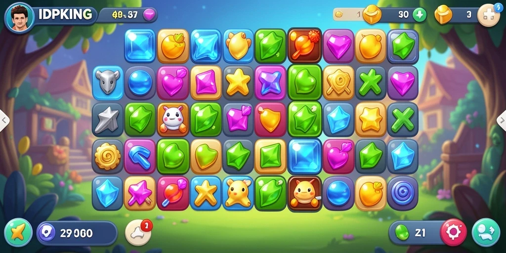 Tangkapan layar gameplay <strong>IDPKING</strong> menunjukkan keseruan dalam menyelesaikan tantangan Match-3.