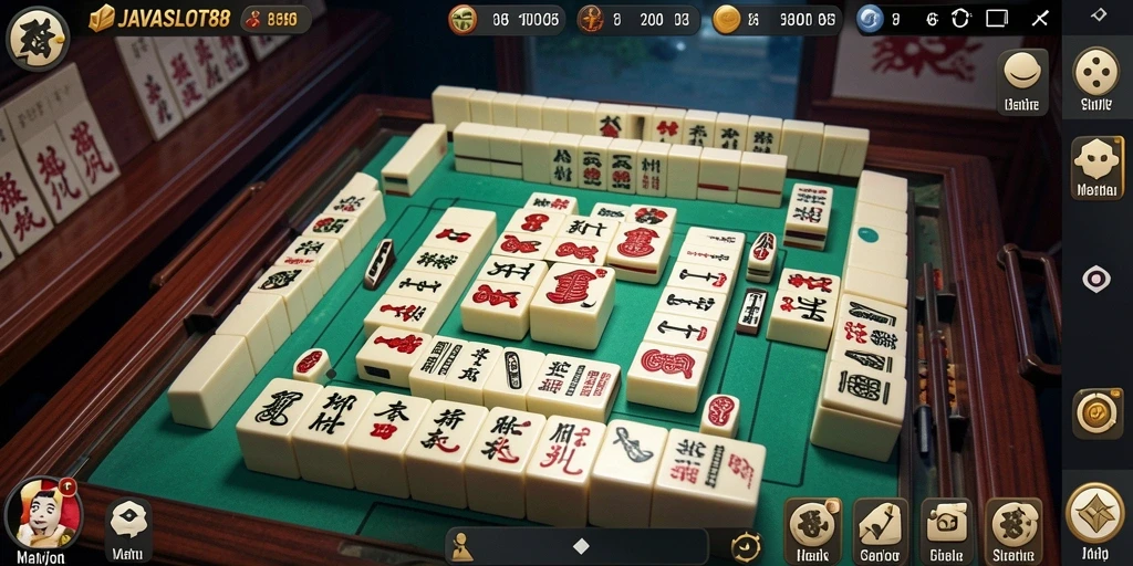 Tampilan gameplay seru <strong>JAVASLOT88</strong> yang menampilkan ubin Mahjong yang indah.