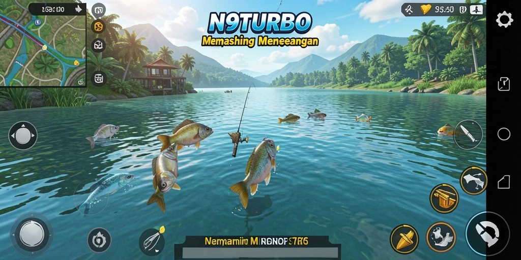 Screenshot N9TURBO menampilkan pemain yang berhasil menangkap ikan besar.