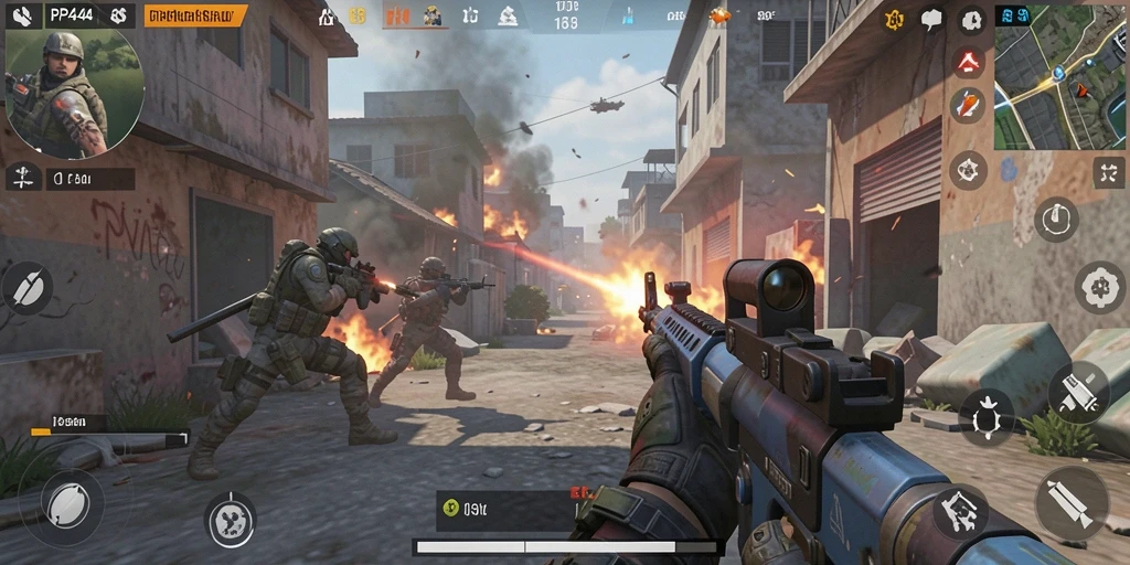 Tangkapan layar utama PP444 yang menunjukkan aksi pertempuran intens dalam game FPS.