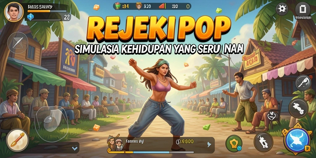 Tampilan screenshot utama REJEKIPOP menampilkan gameplay simulasi yang interaktif.