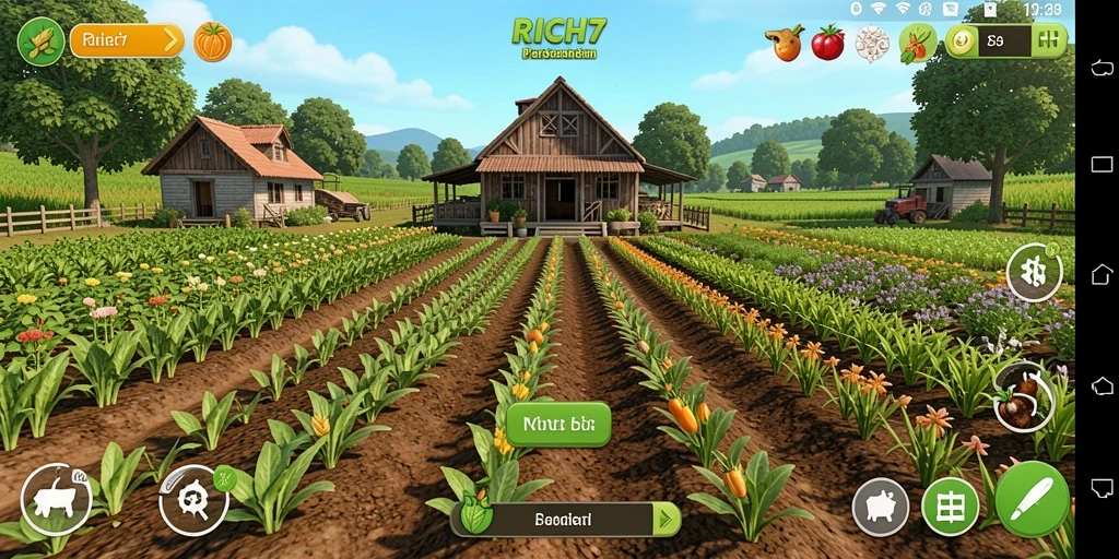 Tampilan gameplay menarik RICH7 dengan berbagai fitur pertanian.