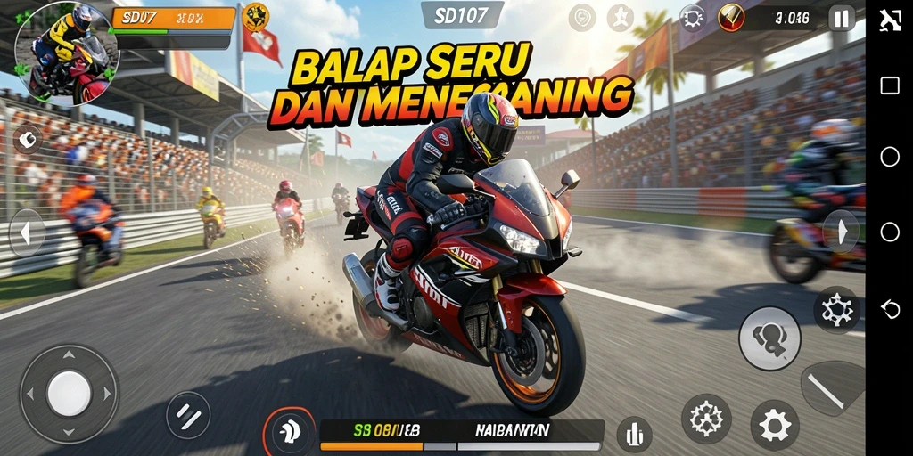 Tangkapan layar gameplay SD107 yang menampilkan balapan motor yang mendebarkan.