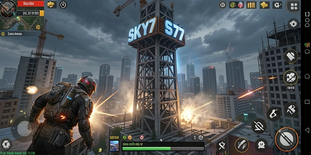 Screenshot gameplay SKY77 menunjukkan menara yang menakjubkan dan musuh yang menyerang.